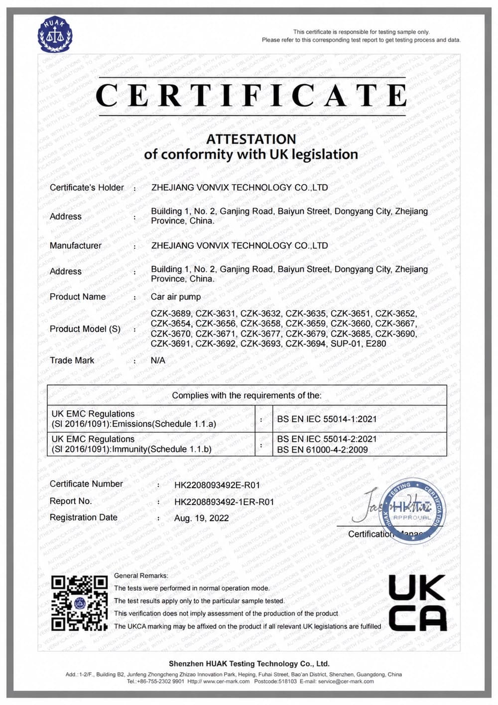CE document — car air pump / vacuum cleaner available from VONVIX