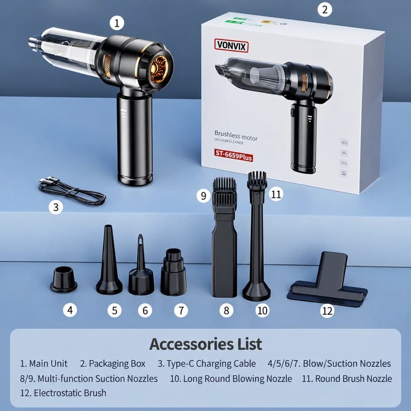 Accessories laid out for VONVIX car vacuum cleaner sample approval