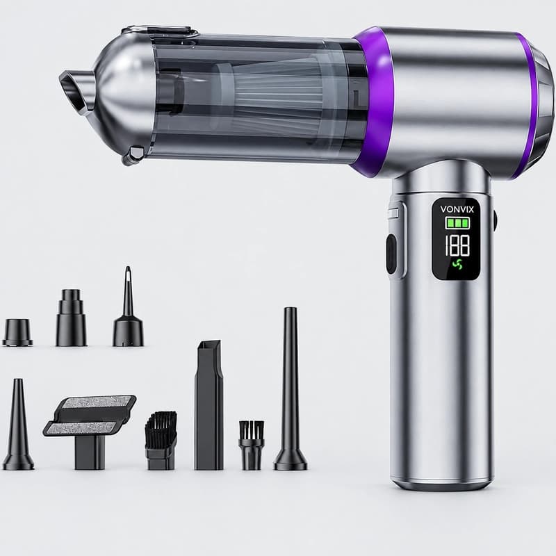 Silver and purple VONVIX handheld vacuum with floor head, brushes, crevice tool and nozzle attachments